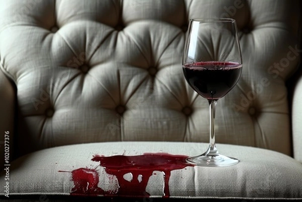 Fototapeta Close up of a glass of red wine spilling on a white sofa with visible stains and marks