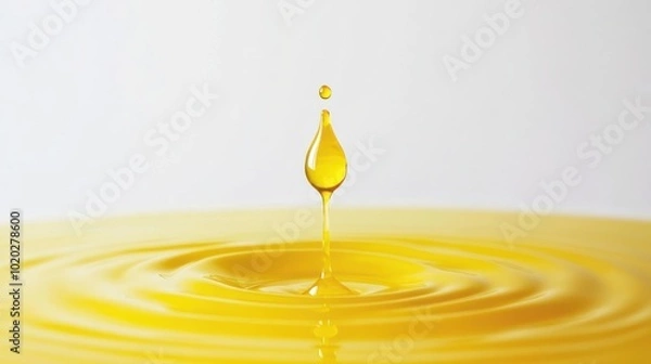 Fototapeta Yellow cooking oil dripping into water, produced from the process of extracting and refining palm oil with a white background looks cinematic