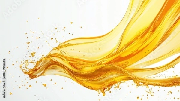 Fototapeta Yellow fuel oil droplets on a cinematic white background, floating in the air, splashing and swirling, in high definition with intricate details