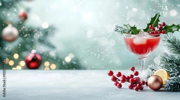 Obraz Festive holiday cocktail with cranberries and mint on a snowy background.