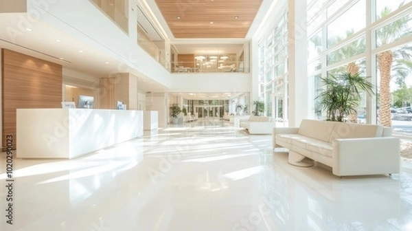 Fototapeta A spacious, modern white lobby is bathed in natural light, featuring sleek furniture and glass walls. The clean design emphasizes elegance and an inviting atmosphere.
