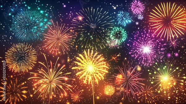 Obraz A dazzling display of colorful fireworks bursts across the night sky, celebrating the New Year.