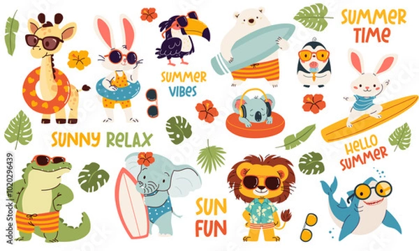 Fototapeta Set of vector illustrations in children's style on summer theme. Cute animals in sunglasses and surfboard. Lion polar bear penguin penguin shark toucan crocodile hare giraffe. Vector illustration