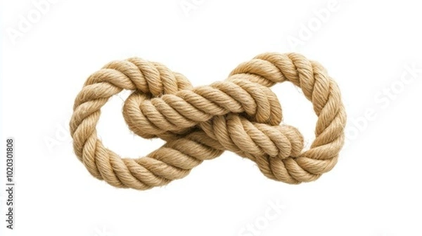 Fototapeta Natural fiber rope tied in a knot with a flowing end, isolated on white background, perfect for sailing, outdoor gear advertisements, or metaphorical designs