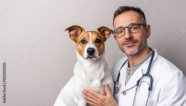 Fototapeta Vet explaining nutritional advice to a dog owner, healthy pet diet, veterinary consultation, holistic pet care