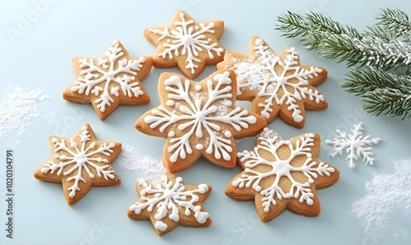 Fototapeta Delicately shaped gingerbread cookies in the form of snowflakes and stars, Generative AI