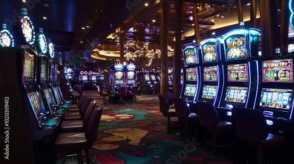 Obraz A row of illuminated slot machines in a casino setting with chairs and a patterned carpet.