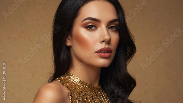 Fototapeta A refined woman in a shimmering gold top, embodying grace, sophistication, and classic beauty.
