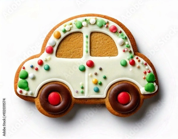 Obraz Gingerbread cookie shaped like a car, decorated with white icing and tiny red, green, and yellow candies on top. Isolated on white