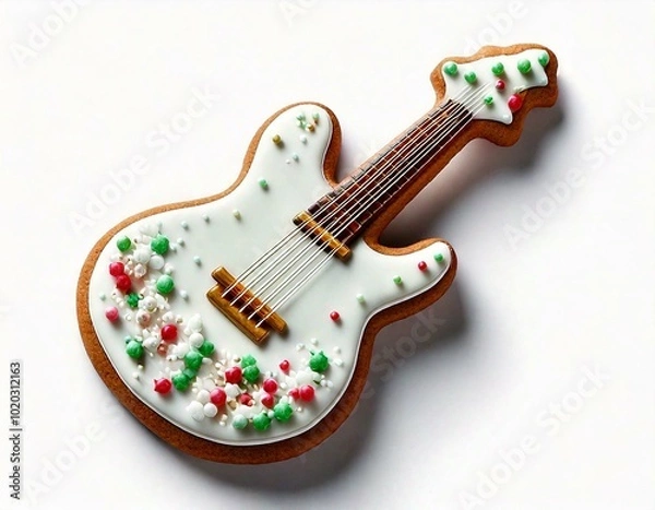 Fototapeta Gingerbread cookie shaped like an electric guitar snowman, decorated with white icing and tiny red, green, and yellow candies on top. Isolated on white