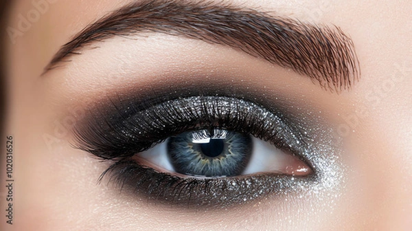 Fototapeta Close-up of a beautiful eye with shimmering makeup and expressive lashes.