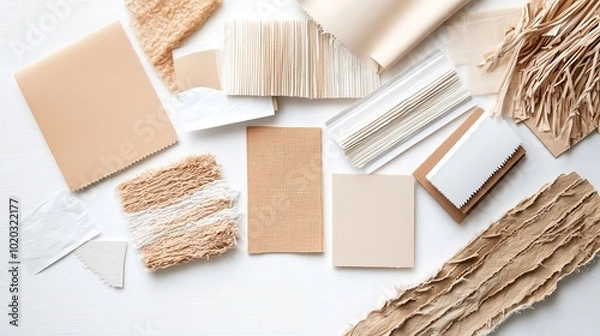 Fototapeta An artistic flat lay featuring an array of textured paper and cardboard materials, artfully overlapping to create a dynamic visual interest. The deep depth of field technique emphasizes the