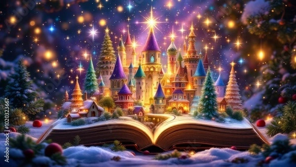 Fototapeta Enchanting castle emerges from an illuminated storybook, set in a magical winter wonderland under a starlit sky.
