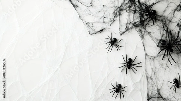 Fototapeta Spooky Halloween border with black spider webs and spiders hanging on a white backdrop, evoking a creepy atmosphere
