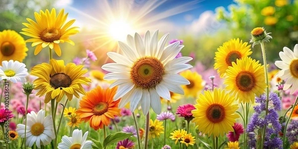 Fototapeta A Vibrant Tapestry of Sun-Kissed Blooms in a Field of Diverse Wildflowers Underneath a Clear Summer Sky