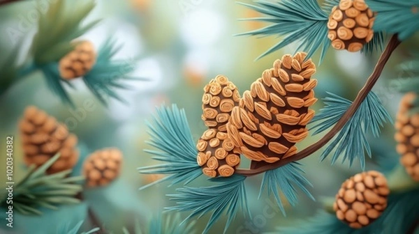Fototapeta Close up of a pine tree adorned with cones on a bright sunny day while exploring nature Close up of a pine tree with cones in bright sunlight during a nature exploration