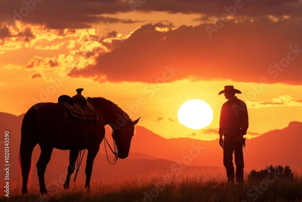 Fototapeta A cowboy and a horse gaze at a vibrant sunset, surrounded by majestic mountains. The warm colors of the sky create a tranquil atmosphere, evoking a sense of freedom.