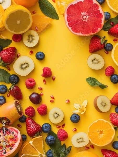 Fototapeta A colorful collection of assorted fruits and fragrant flowers arranged beautifully on a sunny yellow backdrop, ideal for summer. Generative AI