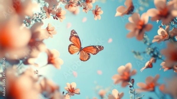 Fototapeta A Monarch Butterfly Flying Through a Springtime Blossom