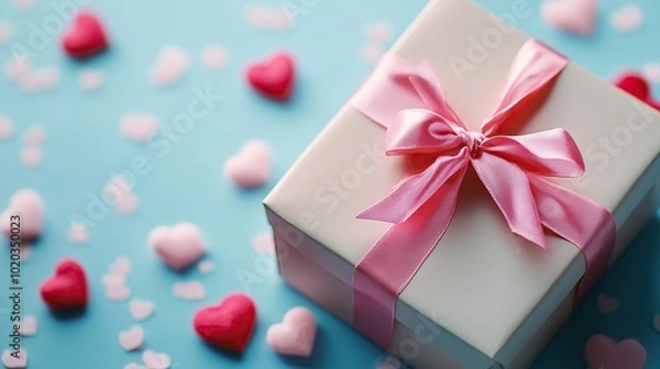 Fototapeta A wrapped gift box with a pink ribbon and hearts scattered around