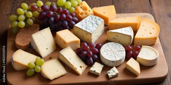 Fototapeta An assortment of various cheeses, including soft and hard varieties, along with grapes on a wooden surface