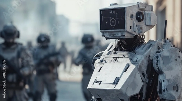 Fototapeta Military defense automation and robotics in battlefield technology, improving operational efficiency and response times
