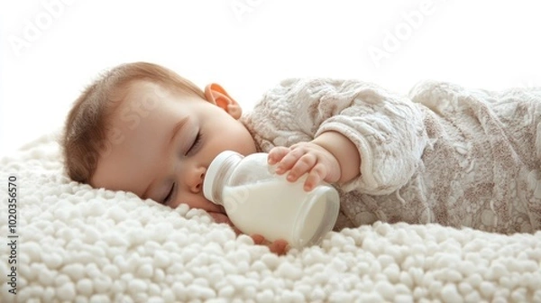 Fototapeta A baby sleeping and drinking milk from a bottle on a white background for documentation of precious moments as a toddler.