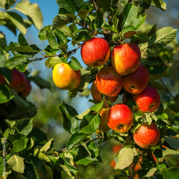Obraz Red apples on tree ready to be harvested. Ripe red apple fruits in apple orchard. Selective focus