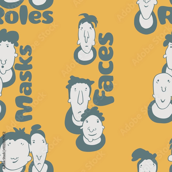 Fototapeta Seamless background with funny faces of anthropomorphic creatures. Humorous characters with different emotions