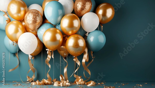 Obraz Fondo para cumpleaños fiesta y celebración con globos azules, dorados blancos y tonos azul pastel con confeti y lazos de regalo.