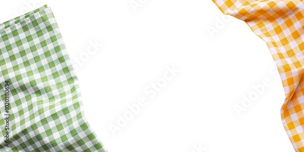 Fototapeta Vibrant arrangement of gingham-patterned fabrics in yellow, green tones, displayed isolate on a white background.Perfect for design textile