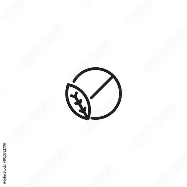 Fototapeta No leaf on icon. No nature. A line drawing of a circle with a line through it, symbolizing a prohibition, and a leaf on top, suggesting a ban on nature or natural elements. Editable icon.