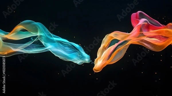 Fototapeta Two streams of colorful energy flying in the air and meeting each other, on a black background