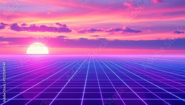 Obraz vaporwave grids Retro Style landscape with grid background
