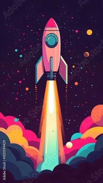 Fototapeta A pink rocket rises from colorful clouds, in a simple, flat illustration style with clean lines and vector graphics.