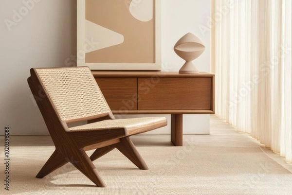 Fototapeta Scandinavian-Inspired Sideboard with Rattan Accents, Complemented by Elegant Wooden Armchair and Abstract Art Pieces on the Wall, Creating Stylish Home Decor Composition in Neutral Tones