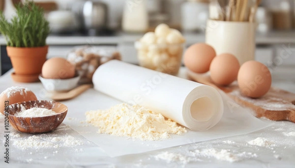 Fototapeta Baking paper resting on flour on a messy kitchen table with eggs and a rolling pin