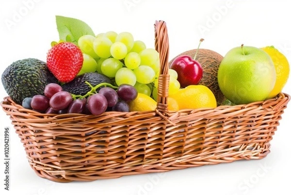 Fototapeta A wicker basket filled with a variety of fresh fruits, including apples, grapes, strawberries, and peaches.

