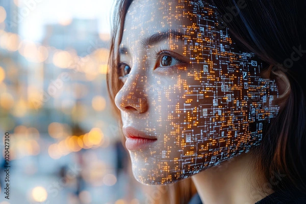 Obraz A woman's face partially overlaid with intricate circuitry patterns, combining human expression with digital elements beautifully.