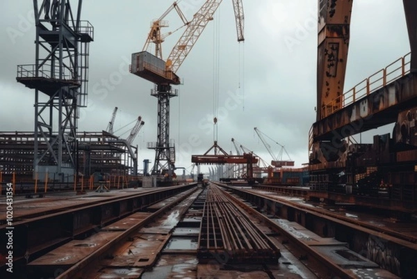 Fototapeta A busy, industrial shipyard with towering cranes, metal tracks, and overcast skies creating a gritty urban landscape.