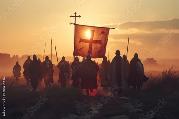 Obraz Silhouetted medieval soldiers march at sunset, a glowing banner with a cross leading their path, enveloped in mist and mystery.
