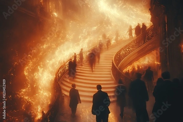 Fototapeta A grand staircase engulfed in swirling fire, with blurred figures ascending and descending.