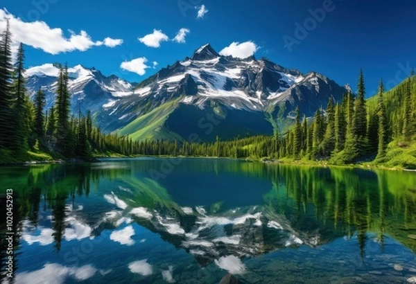 Fototapeta majestic peaks mirroring crystal clear lake waters under bright blue sky surrounded lush greenery serene atmosphere, adventure, beauty, calm, clouds, color