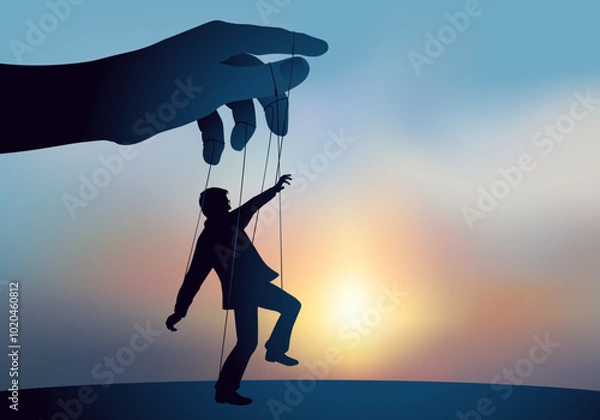 Fototapeta Concept de la manipulation de l’opinion, avec le symbole d’un homme transformé en marionnette qui obéit à l’autorité.