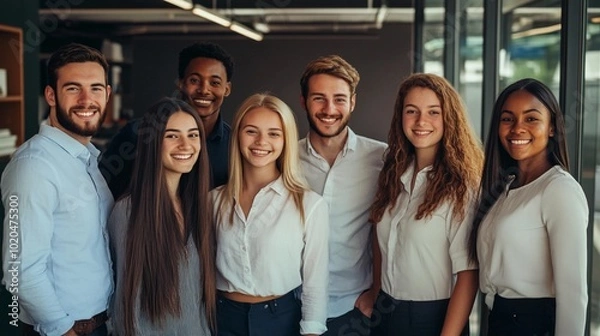 Obraz portrait of a group of young, joyful interns in an open office, casual business attire, smiling and interacting with each other, warm light and friendly atmosphere