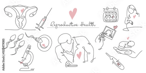 Fototapeta Reproductive health set in oneline style. Continuous line drawing of Reproductive and pregnancy icons. Reproductive technology or vitro fertilization