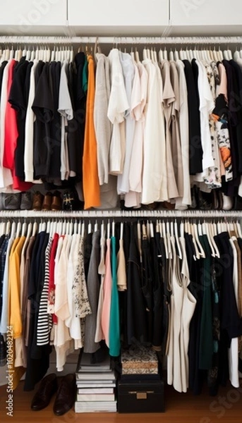 Fototapeta Neatly organized closet featuring well hung clothes for an impeccably tidy appearance