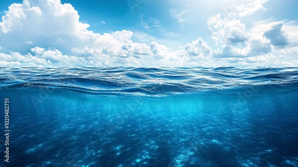 Fototapeta Blue Sea or Ocean Water Surface and Underwater with Sunny and Cloudy Sky: A split view featuring the surface and underwater sections of the ocean, with a mix of sunny and cloudy sky above.