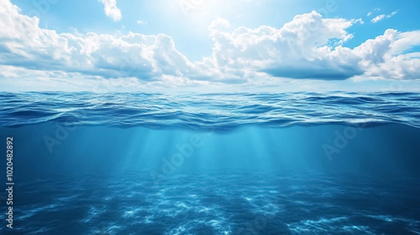 Fototapeta Blue Sea or Ocean Water Surface and Underwater with Sunny and Cloudy Sky: A split view featuring the surface and underwater sections of the ocean, with a mix of sunny and cloudy sky above.