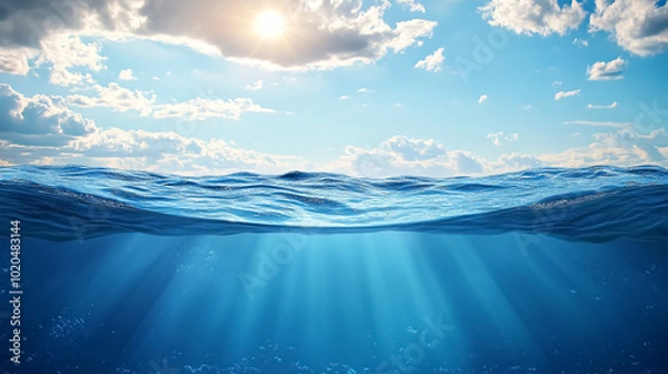 Fototapeta Blue Sea or Ocean Water Surface and Underwater with Sunny and Cloudy Sky: A split view featuring the surface and underwater sections of the ocean, with a mix of sunny and cloudy sky above.